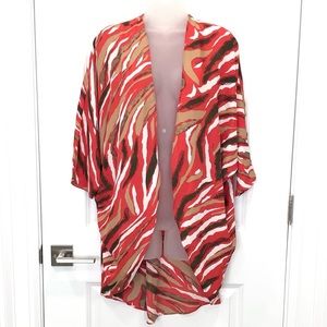 Animal Print Short Sleeve Kimono Cardigan - Red, White, & Tan - Size S